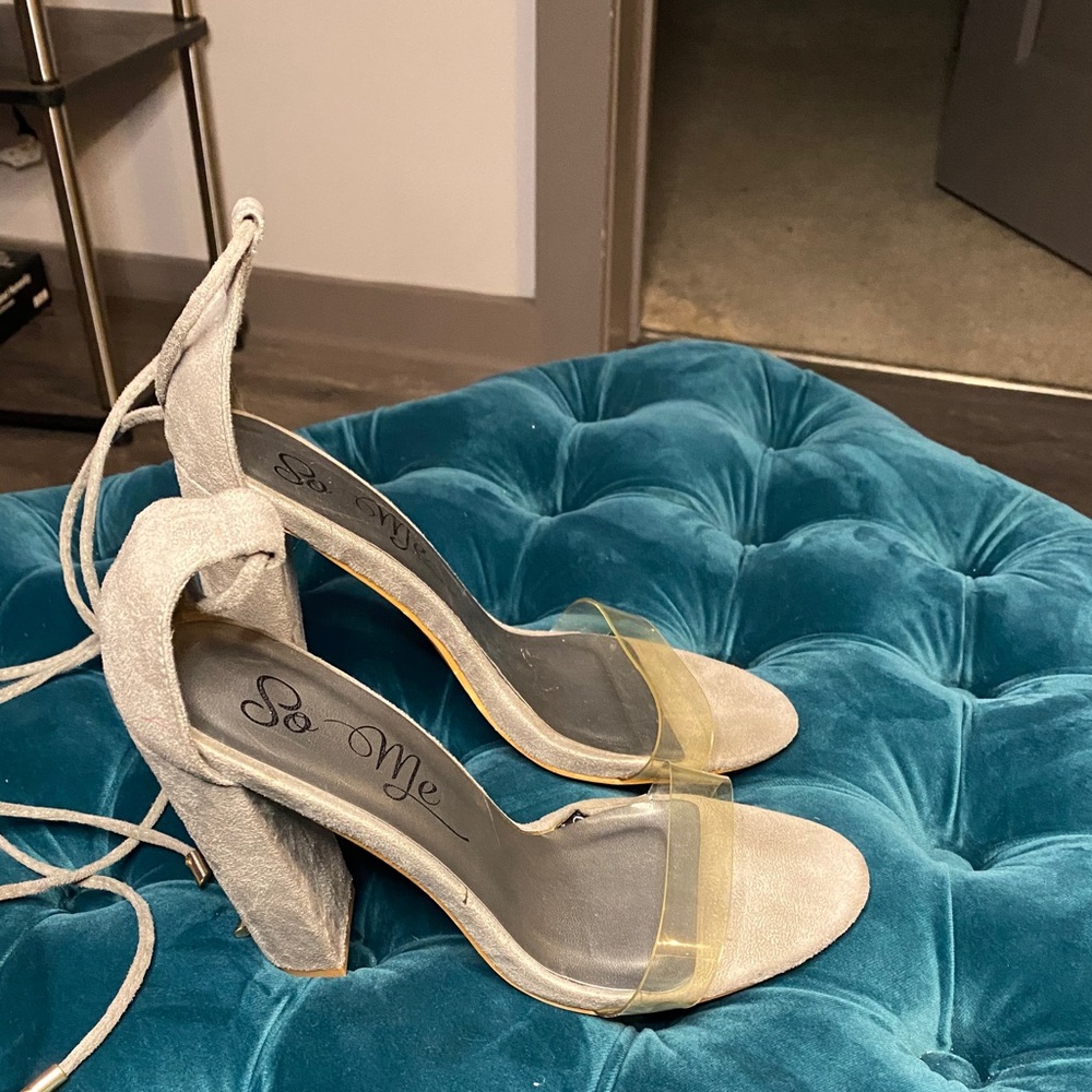 Lace Up Chunky Grey Heeled Sandals Size 8.5